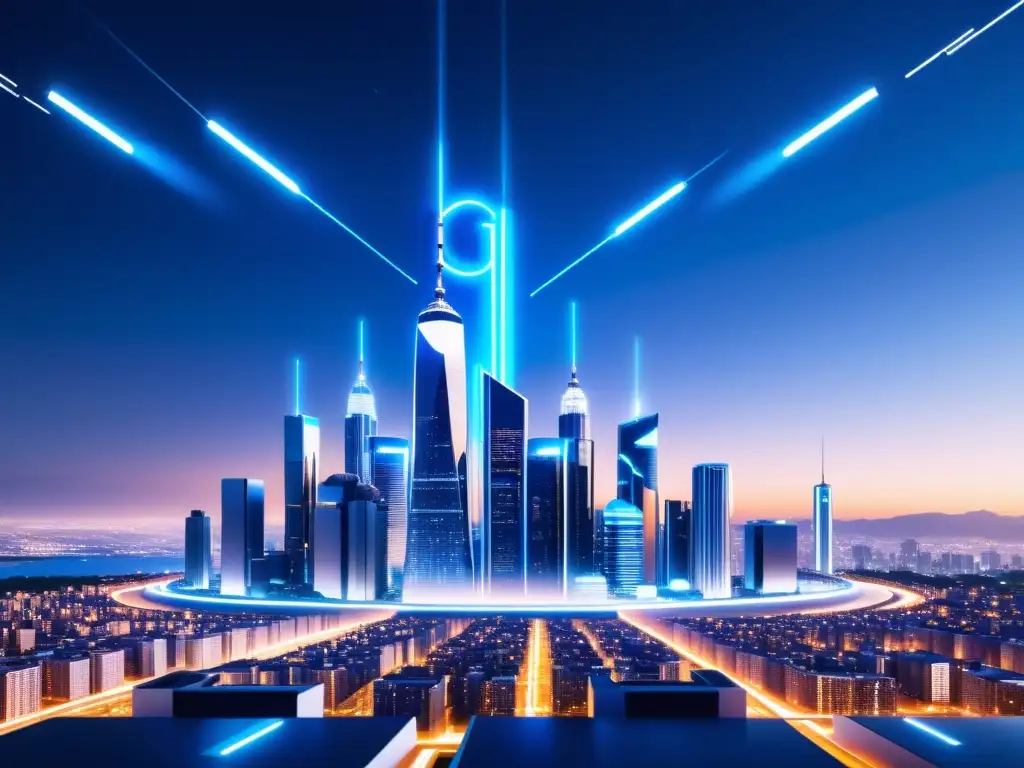 Una ciudad futurista con torres de red 5G integradas en la arquitectura, iluminada en azul y blanco, reflejando el riesgo cibernético del 5G