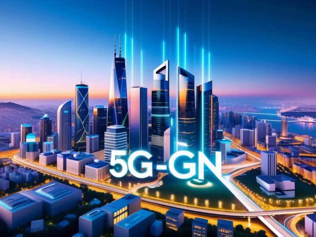 Una ciudad futurista con torres de red 5G integradas, simbolizando desafíos de privacidad en la red 5G