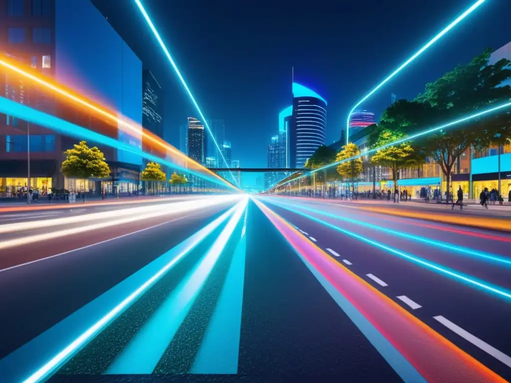 La ciudad brilla de noche con las luces de la integración de 5G en transporte, mostrando un futuro vibrante y conectado