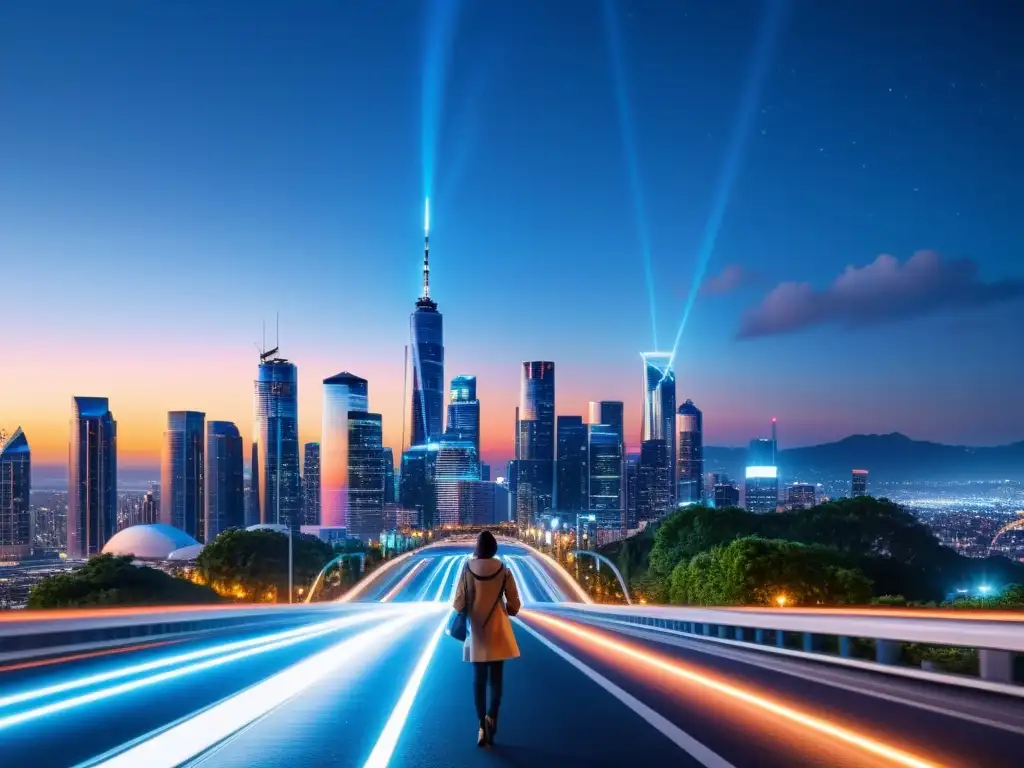 La ciudad nocturna brilla con las torres 5G, reflejos de autos