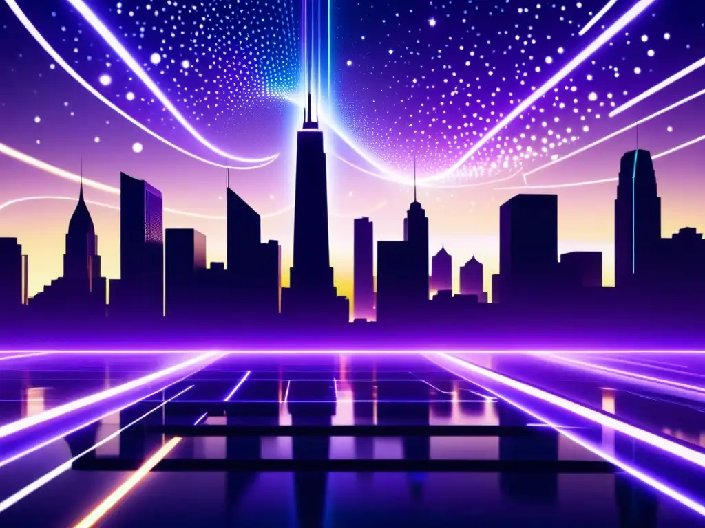 Ciudad virtual futurista: tecnología avanzada y conexión Una ciudad virtual futurista con edificios reflectantes bañados en luz neón, conectados por redes de datos brillantes