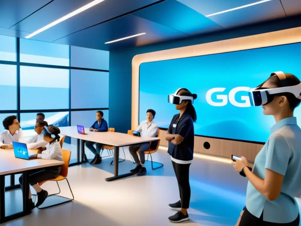 Aula del futuro: educación inmersiva con 5G Clase futurista con estudiantes y maestro usando tecnología 5G para educación a distancia