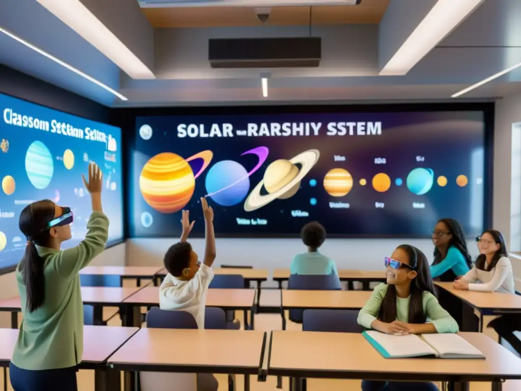 Aula del futuro: estudiantes interactúan con realidad aumentada Clase futurista con realidad aumentada educativa; estudiantes participan en lecciones interactivas sobre el sistema solar