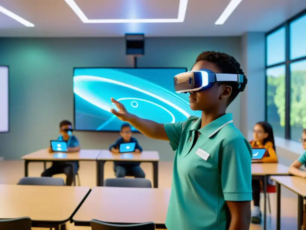 Clase del futuro con estudiantes usando gafas de Realidad Aumentada en educación, interactuando con contenido holográfico