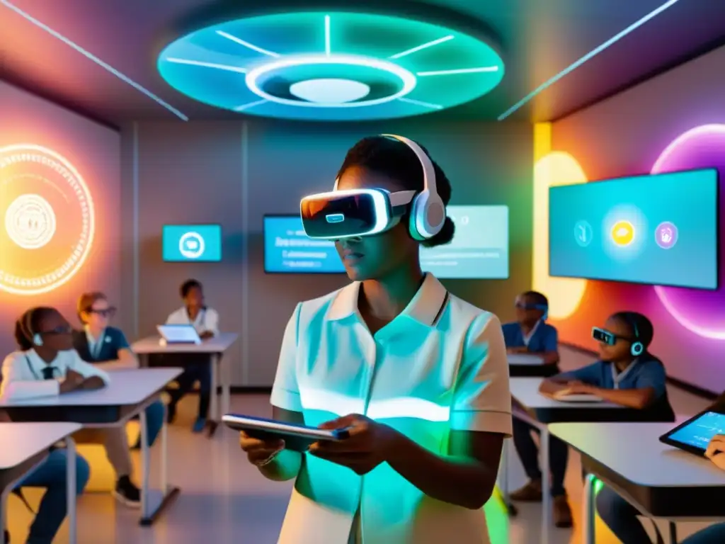 Realidad aumentada en educación: innovación inmersiva Clase inmersiva con realidad aumentada educativa: estudiantes disfrutan aprendiendo en un ambiente futurista y tecnológico