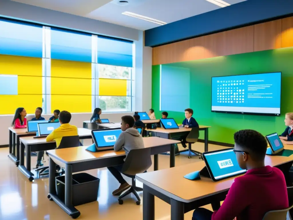 Aula del futuro: IoT revoluciona la educación Clase moderna con tecnología IoT en educación y aprendizaje, estudiantes participan en actividades interactivas con dispositivos digitales