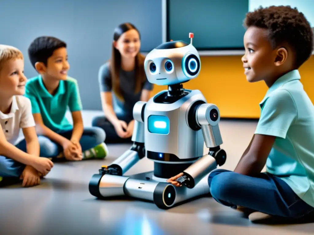 Una clase moderna donde niños y robots participan en una discusión, promoviendo la ética en la enseñanza de robots