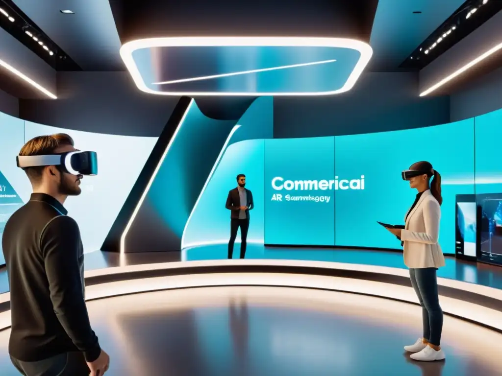 Clientes interactúan con demostraciones holográficas y experiencias de realidad virtual en un espacio comercial futurista