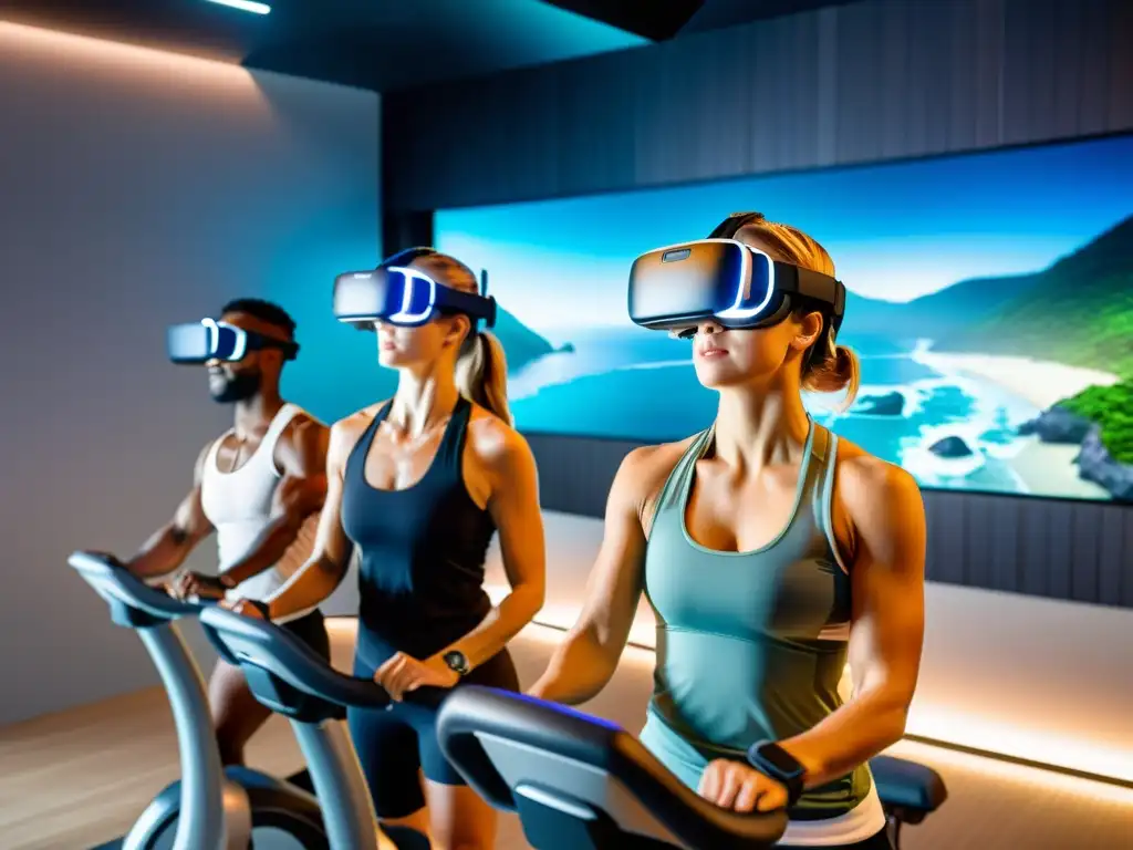 Clientes haciendo ejercicio con auriculares de realidad virtual en gimnasio futurista con impacto de la realidad virtual en gimnasios