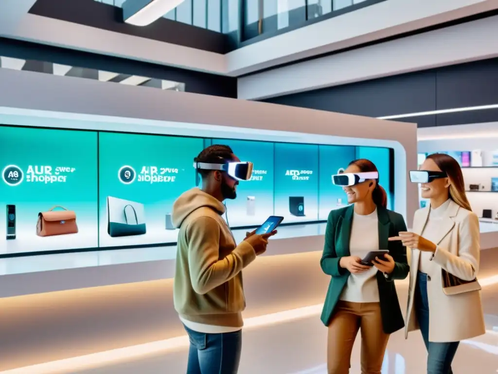 Clientes exploran espacio comercial futurista con gafas de realidad aumentada, mostrando tendencias AR espacios comerciales