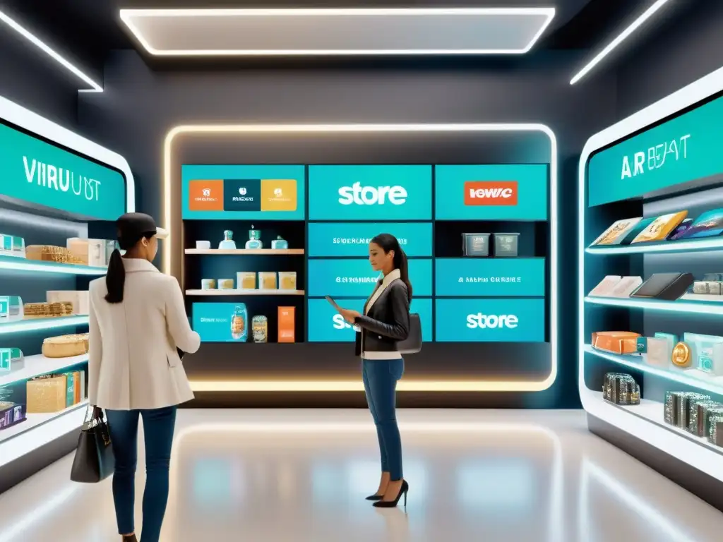 Clientes disfrutan de experiencias de compra con AR en tiendas virtuales, interactuando con productos virtuales y tecnología futurista