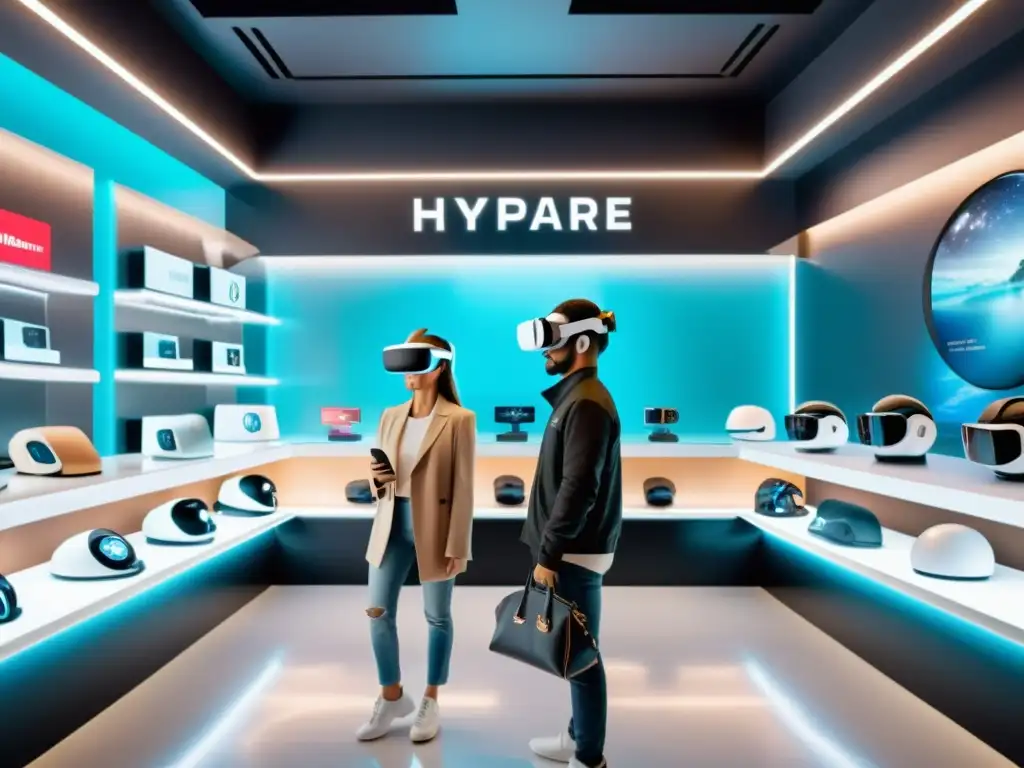 Clientes disfrutan experiencias de compra con AR en tienda virtual futurista con hologramas y tecnología de vanguardia