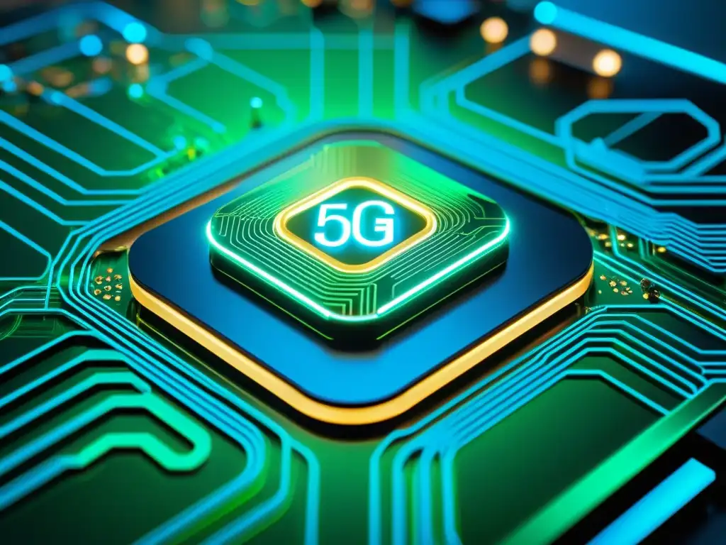 Closeup de componentes intrincados de una placa de circuito, con líneas brillantes que muestran la arquitectura de redes 5G