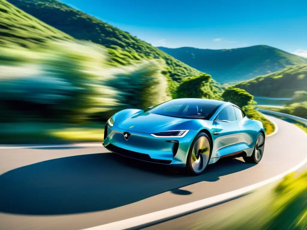 Un coche eléctrico futurista en una carretera sinuosa rodeada de exuberante vegetación bajo un cielo azul vibrante