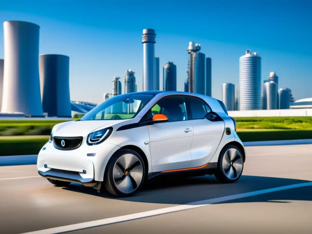 Un coche eléctrico futurista en una fábrica inteligente, rodeado de tecnologías emergentes y un paisaje urbano dinámico