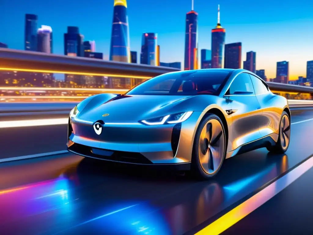 Un coche eléctrico futurista con el símbolo 5G, reflejando la ciudad de noche