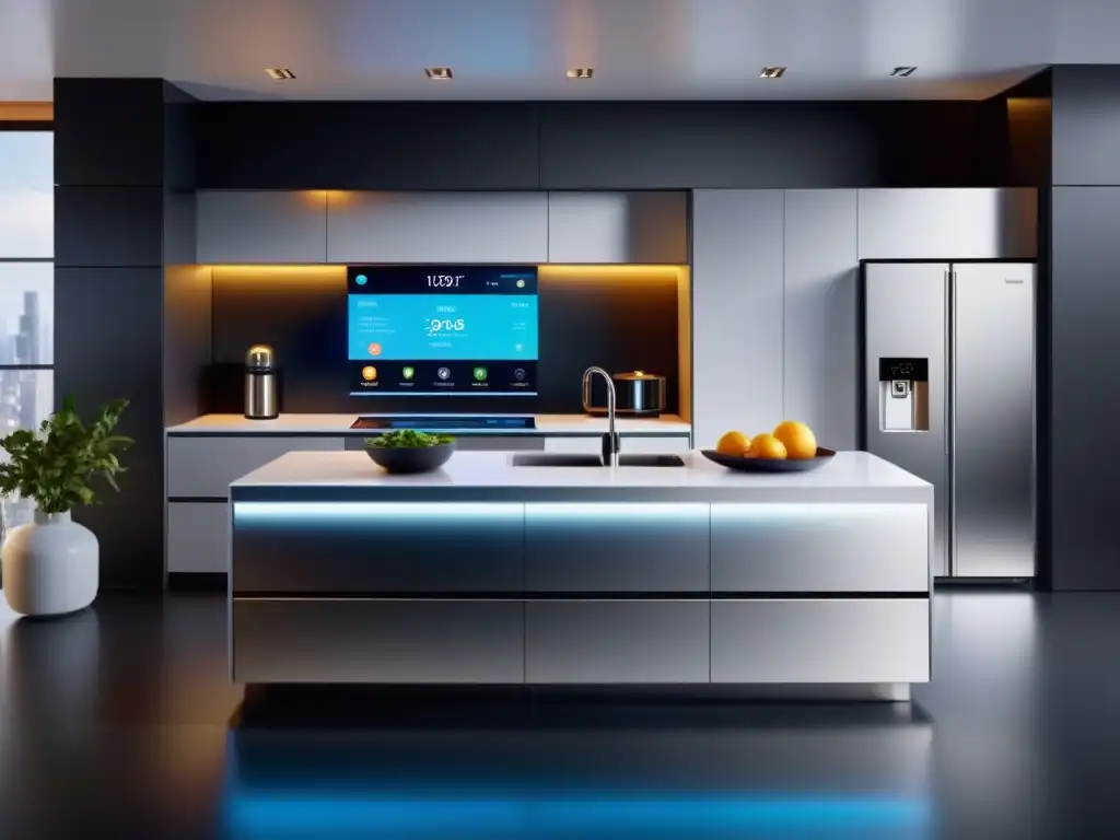 Una cocina futurista con dispositivos IoT integrados, como refrigerador inteligente y escáner de alimentos, mostrando IoT en el monitoreo de dieta