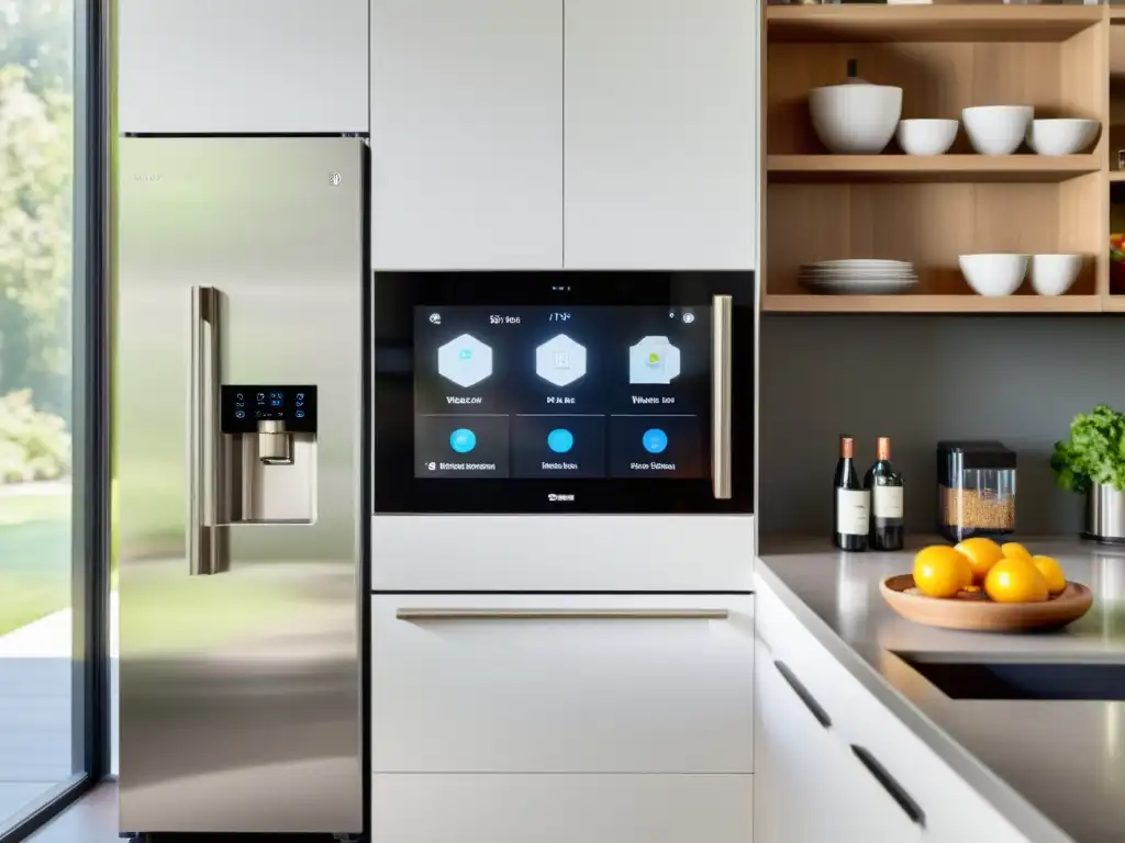 Una cocina inteligente moderna con dispositivos de IoT integrados y electrodomésticos de acero inoxidable