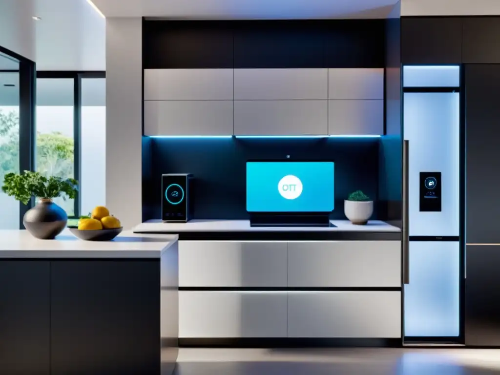 Una cocina inteligente y moderna con dispositivos IoT integrados en un diseño minimalista y futurista