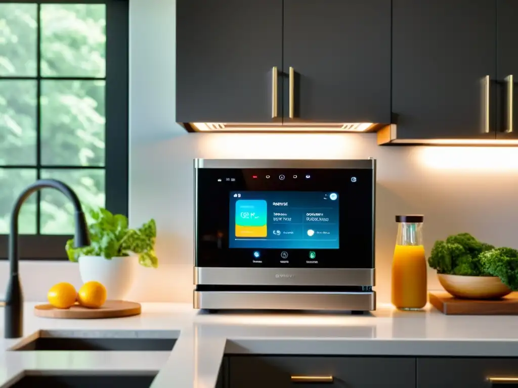 Una cocina inteligente y moderna con electrodomésticos de acero inoxidable e integración de tecnología inteligente IoT