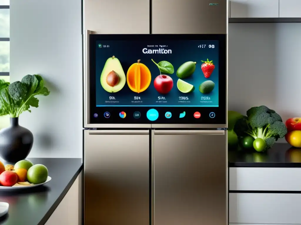 Una cocina moderna con electrodomésticos de alta tecnología y una nevera inteligente llena de frutas y verduras