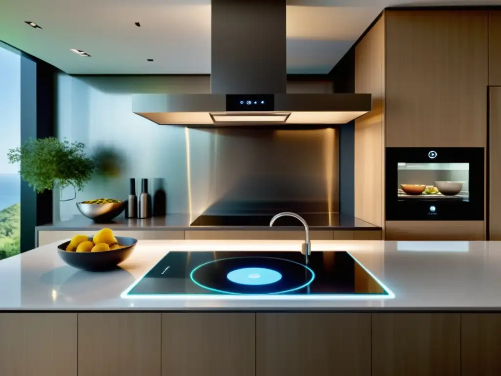 Una cocina virtual de alta tecnología con diseño minimalista y ambiente sofisticado