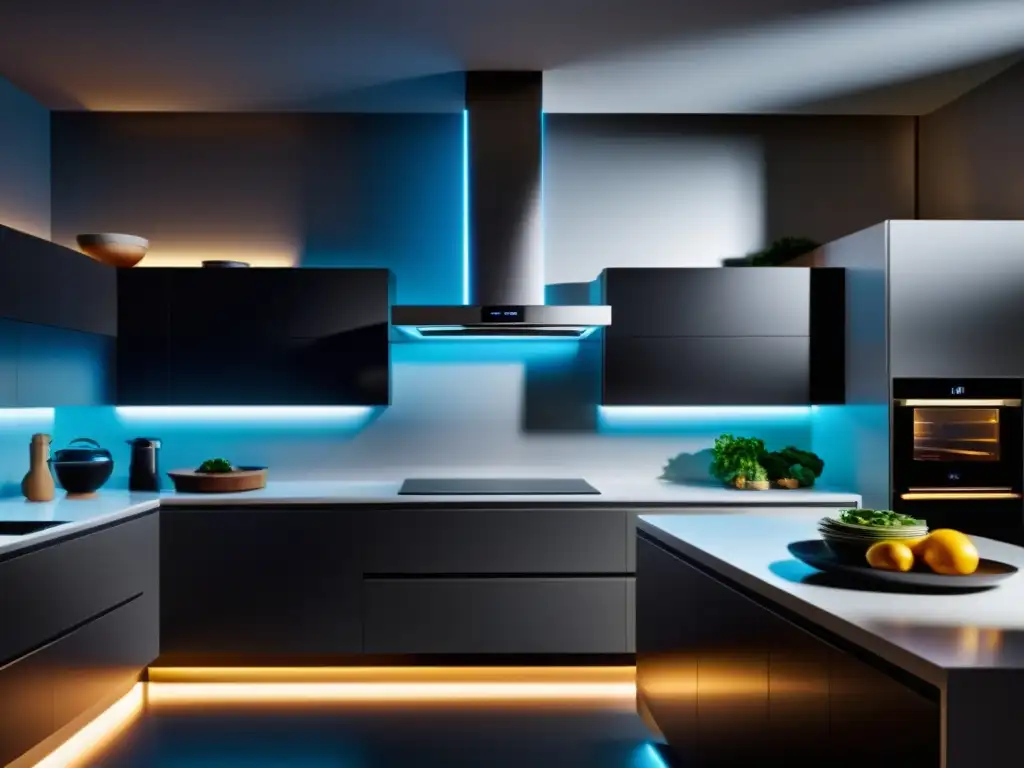 Una cocina virtual de diseño moderno con ingredientes flotantes, iluminación suave y elementos futuristas