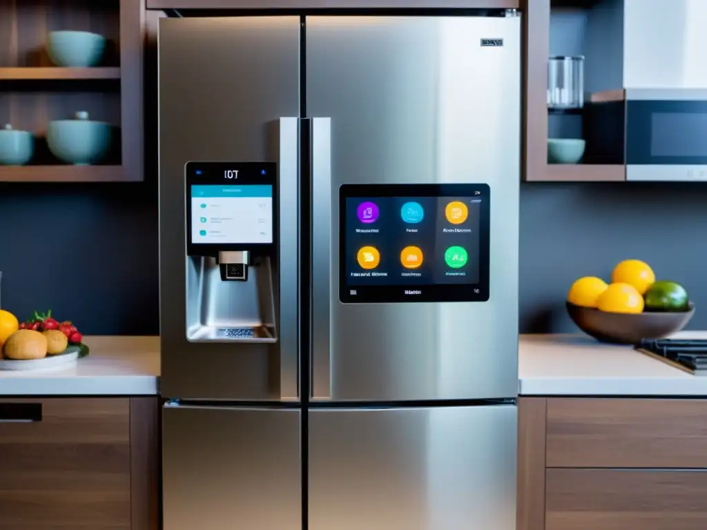 Cocinas inteligentes IoT revolución cocina: Cocina moderna con electrodomésticos inteligentes conectados a un hub central IoT y una estética futurista