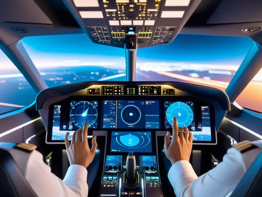 Cockpit de avión futurista con aplicaciones de 5G integradas en los paneles de control, mostrando datos en tiempo real