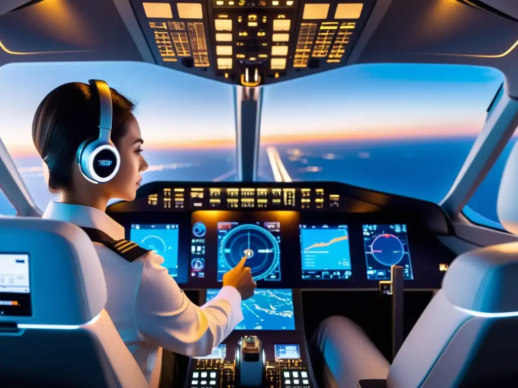 Un cockpit futurista con tecnología IoT integrada, mostrando datos de vuelo en tiempo real