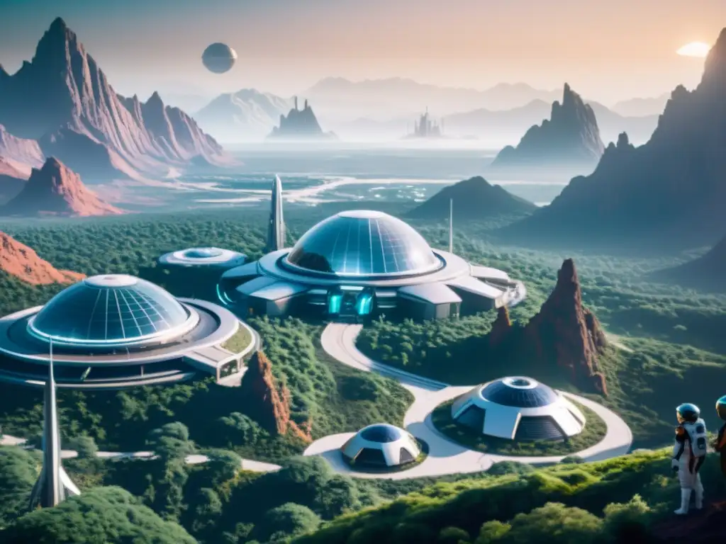 Colonia espacial futurista en un planeta remoto con biotecnología avanzada y paisajes alienígenas, evocando la vida planetaria