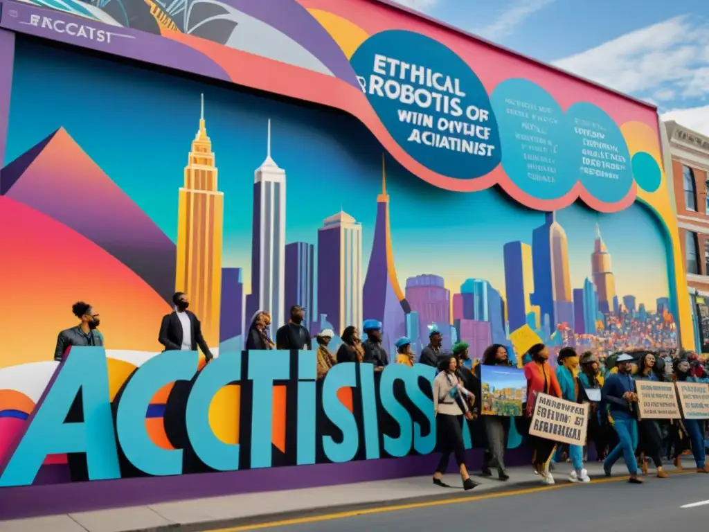 Colorido mural de activismo ético en robótica avanzada, con personas diversas marchando juntas y sosteniendo carteles con mensajes poderosos en una ciudad futurista