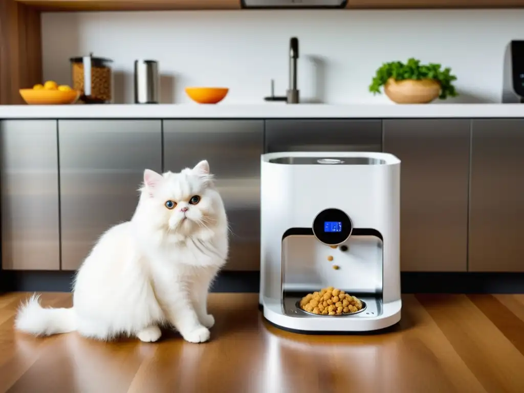 Un comedero inteligente para mascotas con cámara y control de porciones, en una cocina moderna