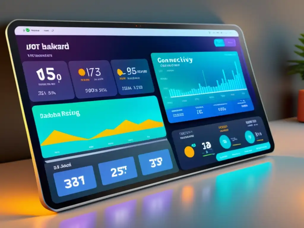 Comparativa plataformas IoT: Dashboard futurista con visualizaciones de datos en tiempo real y diseño profesional, moderno y accesible