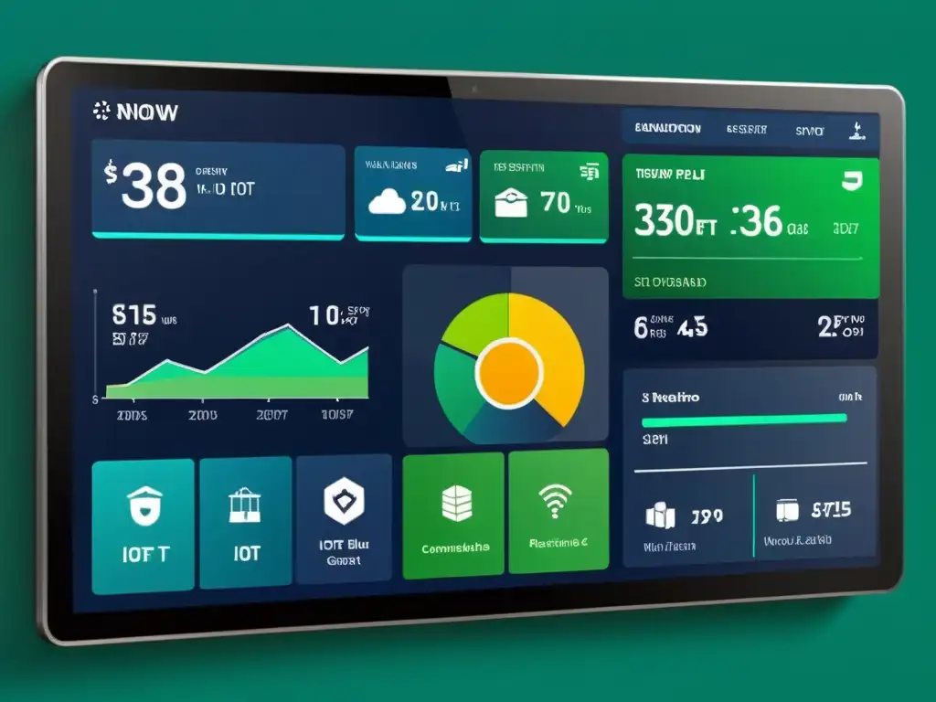 Comparativa plataformas IoT: Panel de control IoT moderno y dinámico con visualizaciones vibrantes de datos en tiempo real y dispositivos conectados