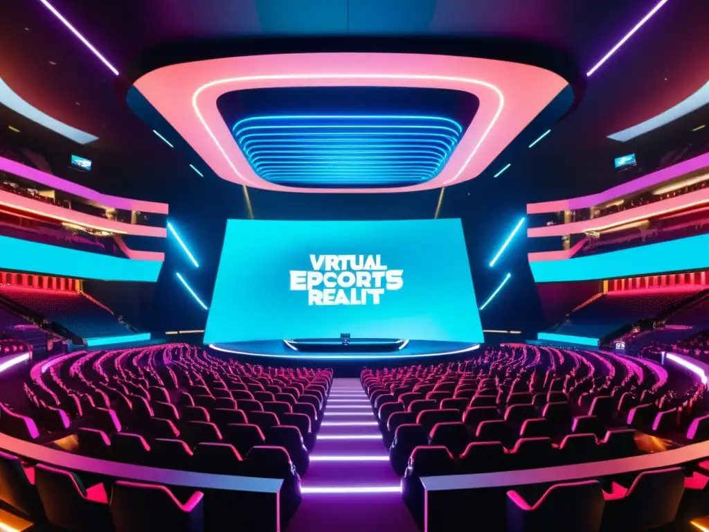 Competencias deportivas virtuales en VR: Estadio futurista en realidad virtual con jugadores de esports compitiendo en escenario digital