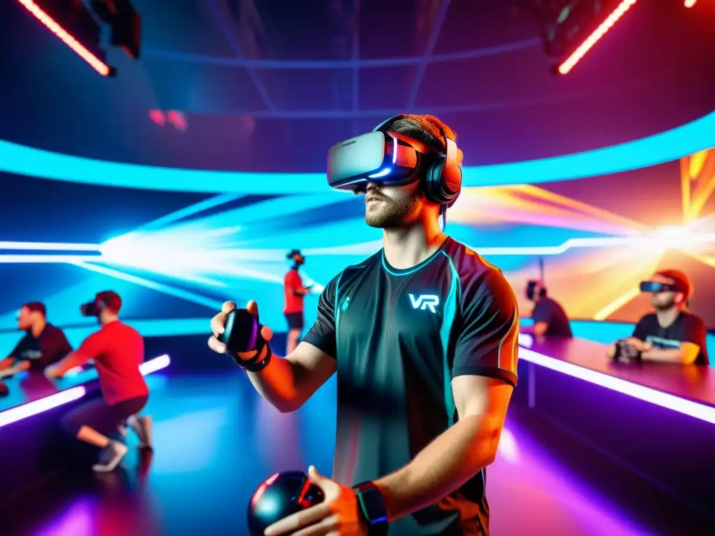 Competencias deportivas virtuales en VR: Jugadores inmersos en un emocionante torneo de esports en una arena digital futurista con luces neón