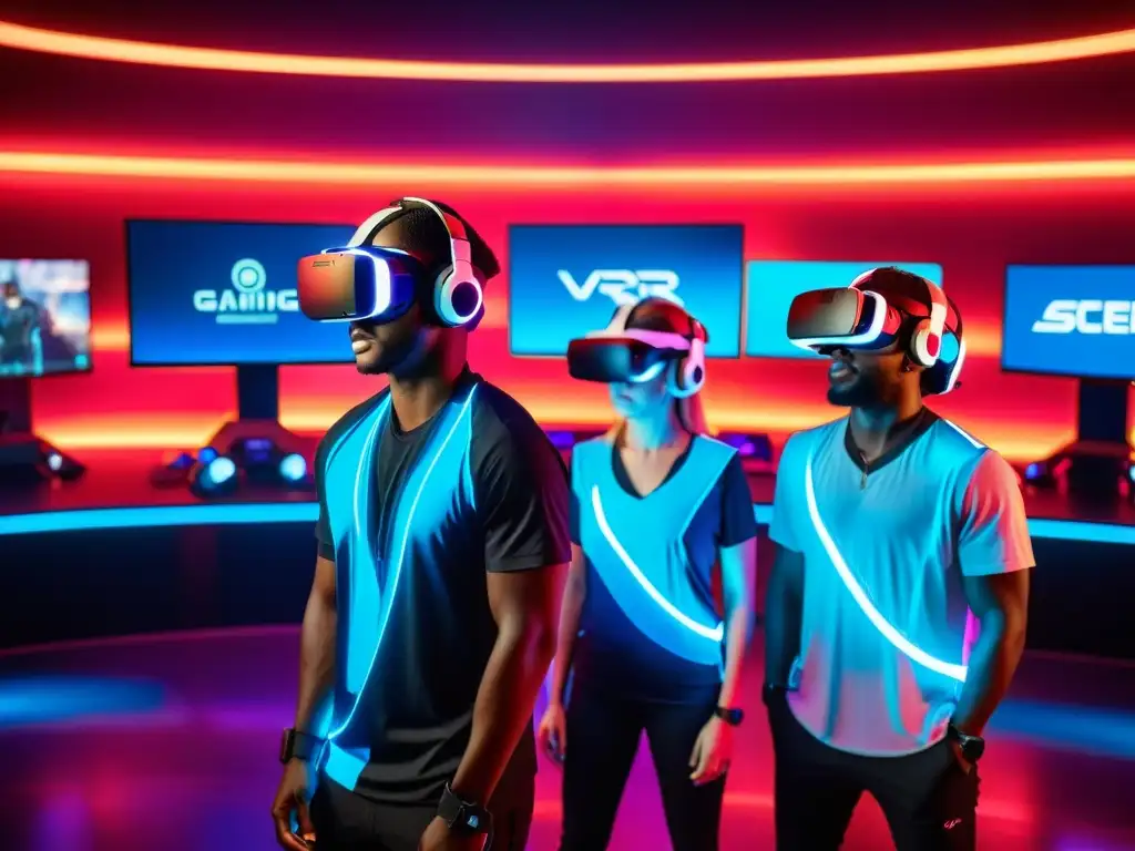 Competencias deportivas virtuales en VR: Profesionales con headsets futuristas compiten en un espacio de juego futurista iluminado por neón