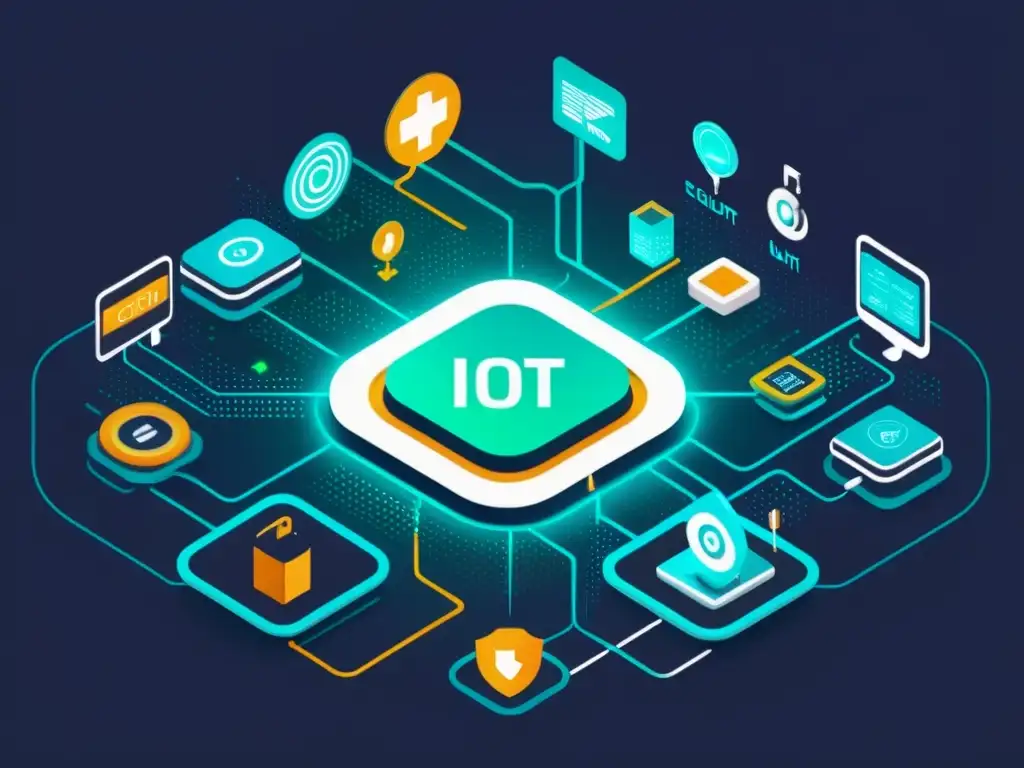 Compleja red de dispositivos IoT interconectados en entornos urbanos e industriales, con capas de seguridad y datos fluyendo hacia un centro