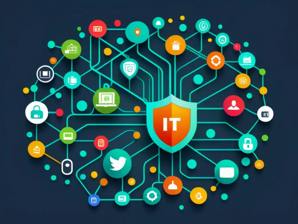 Compleja red de dispositivos IoT interconectados con medidas de seguridad, destacando la prevención de Amenazas DDoS en IoT