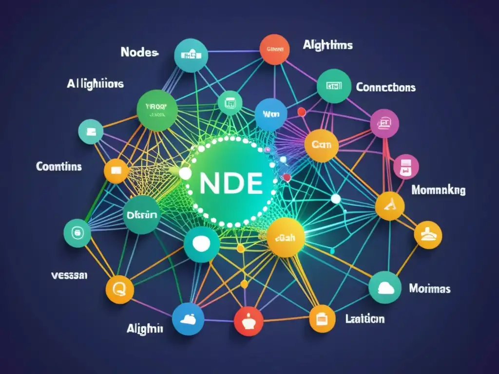 Red de Algoritmos en Redes Sociales: Visualización Futurista Compleja red de nodos y conexiones ilustrando el funcionamiento de algoritmos de IA en redes sociales, con vibrantes colores futuristas