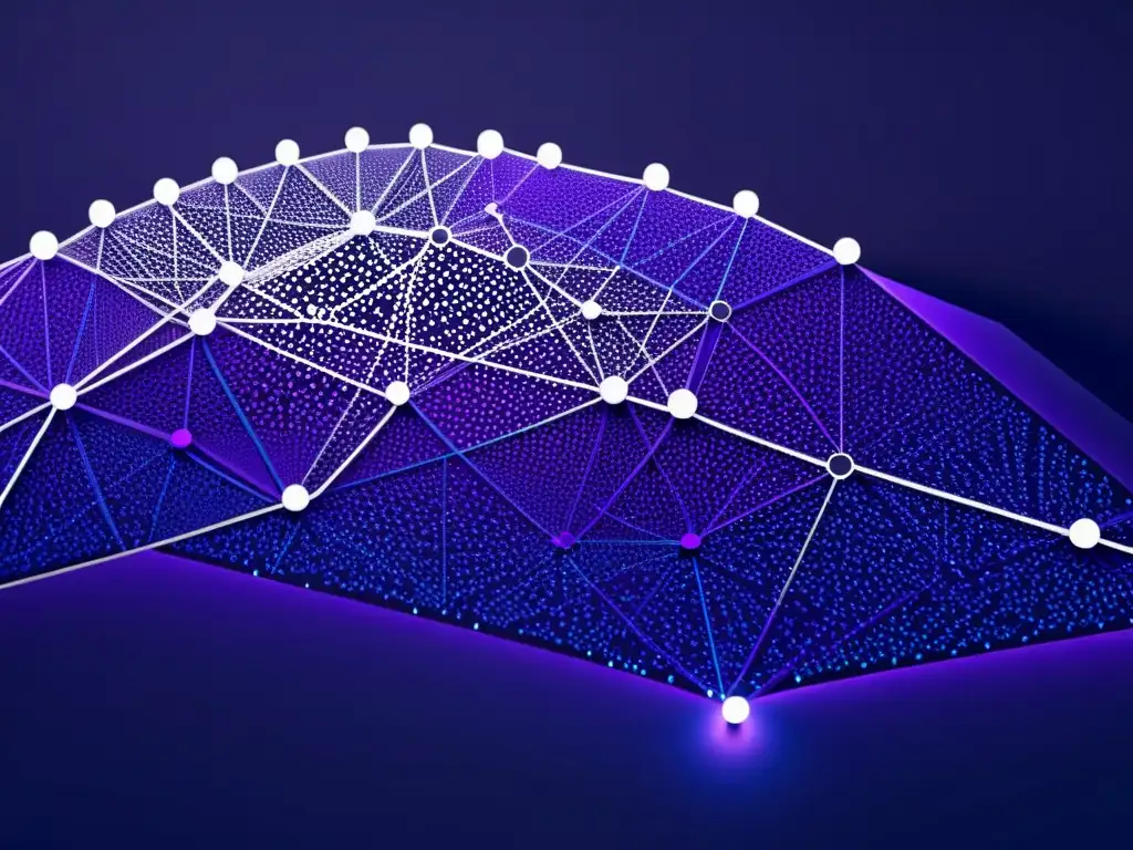 Compleja red de nodos interconectados representando técnicas avanzadas de cifrado de datos sensibles en tonos azules, morados y negros