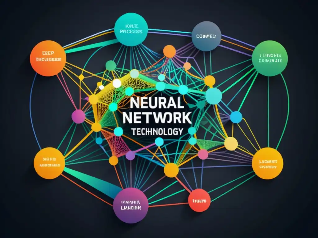 Complejo diagrama de red neuronal en colores futuristas, ilustrando los avances del deep learning en tecnología