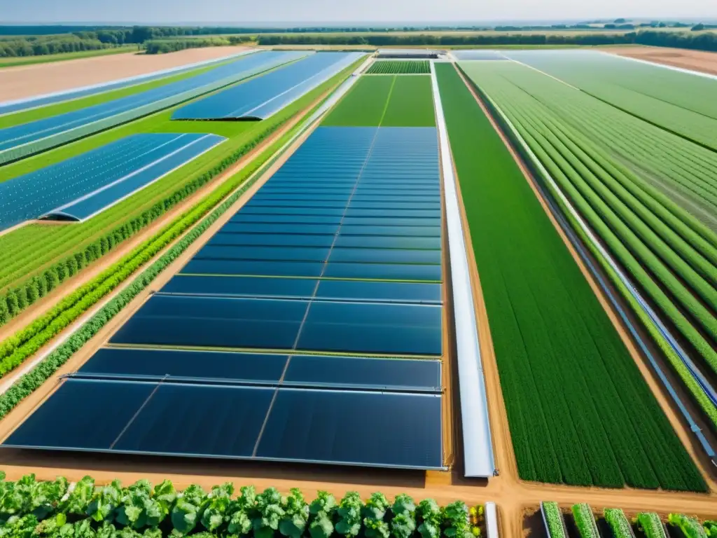 Complejo de invernaderos futuristas con innovaciones en agricultura de precisión, robots cuidando cultivos en un paisaje agrícola tecnológico avanzado