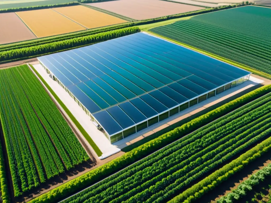 Innovación agrícola: Invernadero tecnológico y cultivos vibrantes Complejo de invernaderos modernos con cultivos verdes bajo el sol, integrando IA en la agricultura sostenible
