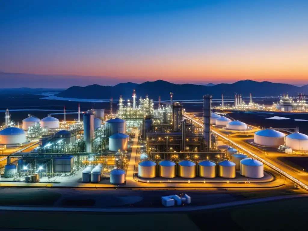 Complejo de refinería de petróleo y gas al atardecer, con IoT en primer plano, simbolizando la innovación y tecnología en la industria del petróleo