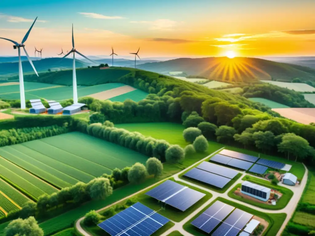 Microgrids renovables empoderan a comunidad rural Una comunidad rural empoderada por microredes con paneles solares y turbinas eólicas, beneficiando la vida de sus miembros