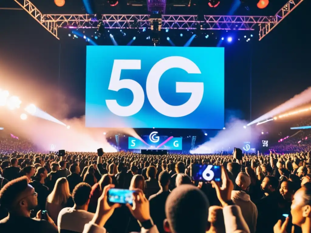 Concierto 5G: Experiencia inmersiva y conectividad total Concierto masivo iluminado por smartphones, escenario vibrante y símbolo 5G, beneficios del 5G en eventos masivos