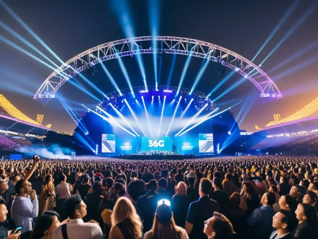 Concierto 5G: Tecnología y Emoción Un concierto vibrante con miles de personas compartiendo momentos bajo la luz de sus teléfonos