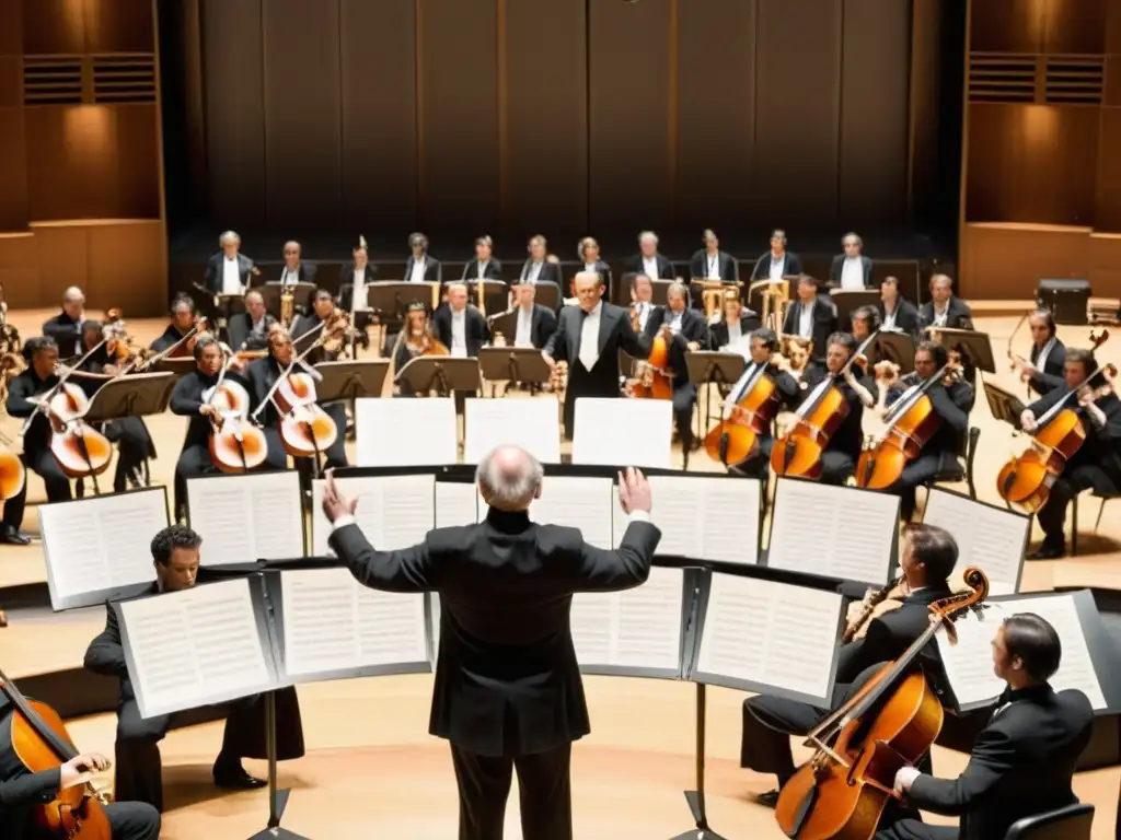 Un conductor dirige una sinfonía en un escenario grandioso, rodeado de una orquesta completa